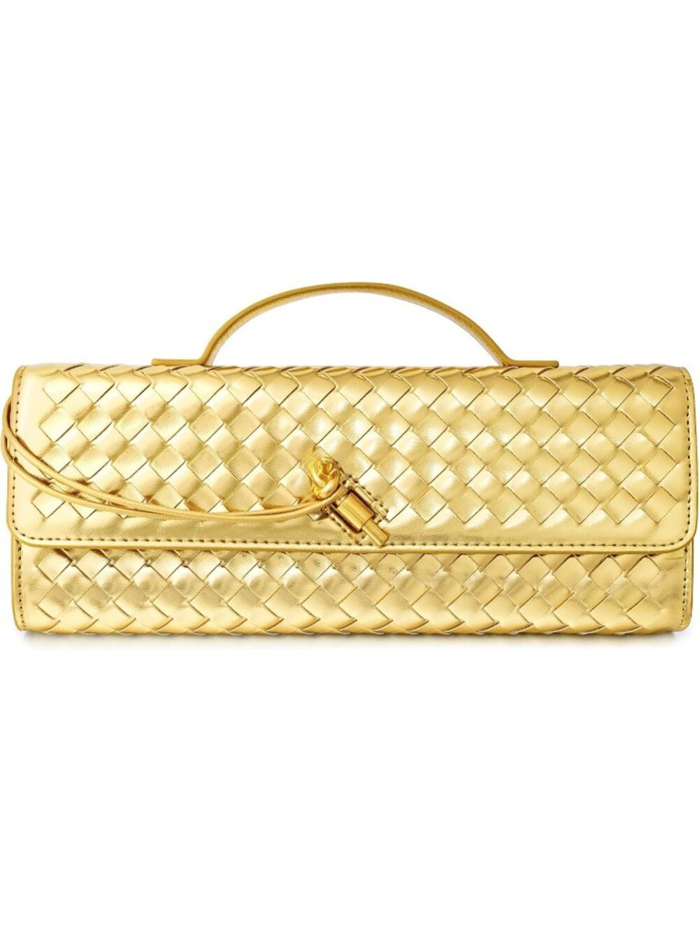 Women Golden Woven Vegan Leather Clutch Purse Formal Evening Crossbody Bag